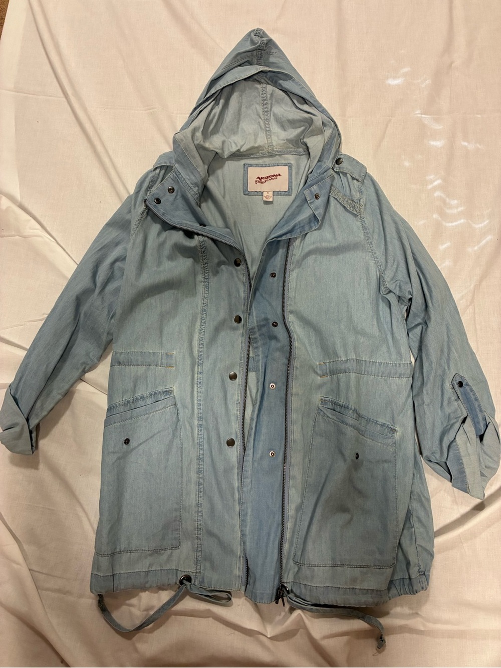 Arizona Jean Co. Y2K Denim Hooded Jean Jacket 100% Cotton Button Down W/ Zipper
